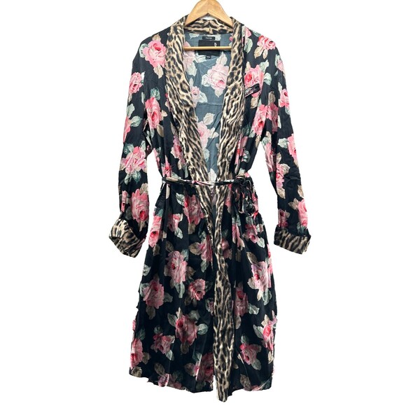R13 Silk Smoking Robe With Piping Black Floral Leopard Print Size M Tie Belt - Picture 5 of 16